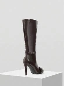Mnmlis Women's Pointed Toe Knee-High Boots With Stiletto Heel, Zipper And Buckle Closure, Leather Upper - Brown - View 4