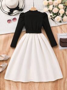 Tween Girl Elegant Pearl Embellished Contrast Color Splice Ruffle Hem Dress Fall Winter