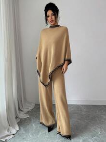 Elenzga Women's Casual Loose Poncho Design Top And Loose Contrast Color Pants Knit Two Pieces Set - Khaki - View 5