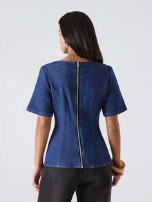 LYSMO 女式休闲时尚街头拉链短袖修身牛仔夹克 - 中等水洗藍 - 查看 2