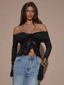SHEIN BAE Women's Solid Color Lace Patchwork Off Shoulder Long Sleeve Top,Winter,Christmas,New Year, Thanksgiving,Party, Elegant - Black - View 6