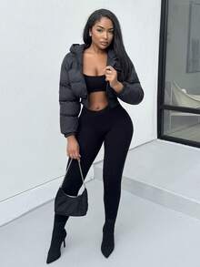 Alexandranx Women Zip Crop Hooded Coat In Fall/Winter - Black - View 4