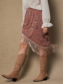 Freevana Váy xòe tua rua bất đối xứng thêu hoa sequin thời trang cỡ lớn - Cà phê nâu - Xem 3