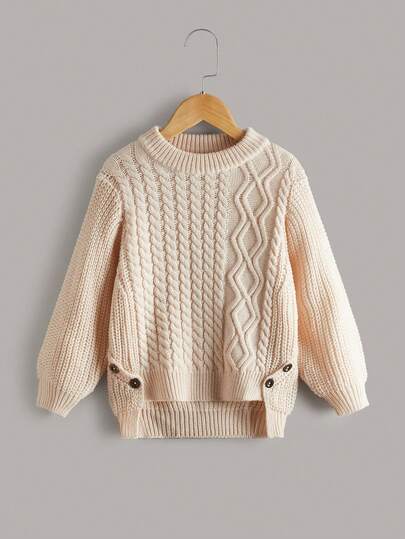 SHEIN 年轻女孩和年轻女孩不对称下摆罗纹针织毛衣，带有绞花纹理，优雅可爱，高品质，温暖柔软，适合玩耍、日常穿着、上学、秋冬季