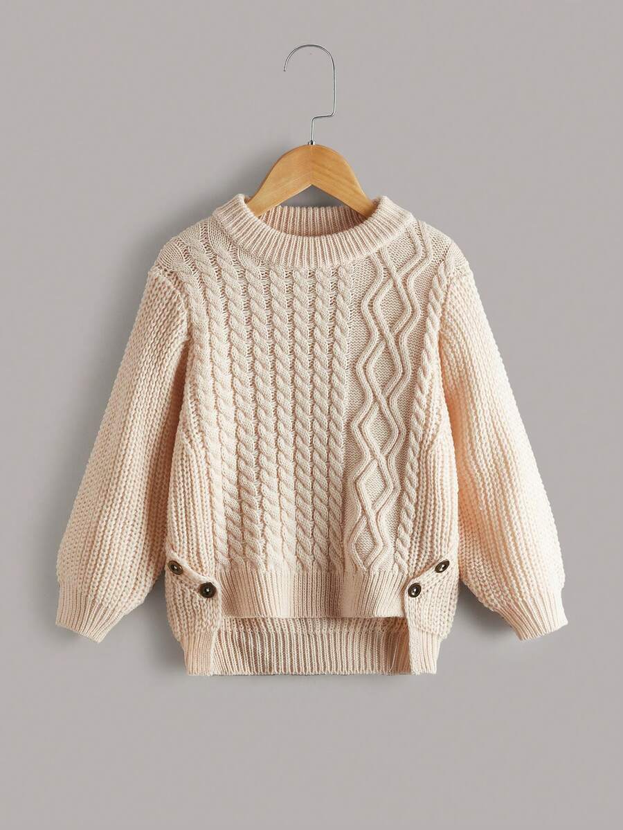 SHEIN Young Girl And Young Girl Asymmetric Hem Ribbed Knit Sweater With Cable Texture, Elegant & Cute, High Quality, Warm & Soft, Versatile For Play, Daily Wear, School, Autumn & Winter - Apricot - View 1
