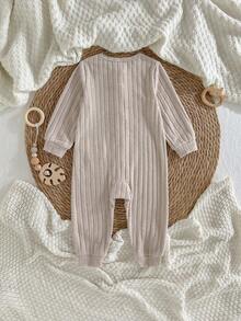 Loomiva 女婴针织柔软圆领长袖连体衣，百搭舒适 - 卡其色 - 查看 2