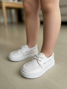Zapato para niño transpirable costuras decorativas punta redonda cordones suela plana estilo náutico casual escolar mocasín - Blanco - Ver 2
