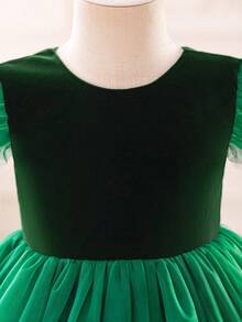 Glamorique Kids Vestido de princesa de terciopelo con lazo en la espalda en V, con volantes de tul para bebé e infante niña, adecuado para fiesta de Navidad, cena, cumpleaños - Verde - Ver 3