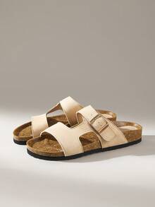 Solecia Women's Fashion Buckle Detail Flat Sandals, Summer Beach Vacation Slip-On Sandals - Apricot - View 2