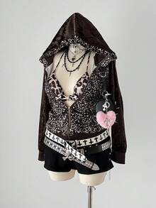 Áo sweatshirt nữ cỡ lớn Sunspun kiểu vintage punk/Y2K gợi cảm với họa tiết da báo, phối họa tiết thoi kim cương, viền gấu bằng nhung gân, khóa kéo, thích hợp cho mùa thu/đông. - Nhiều màu - Xem 3