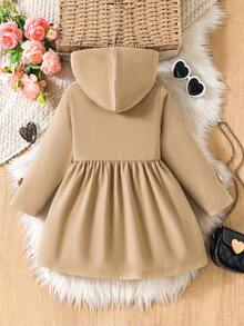Young Girl' Khaki Bow Woven Fabric Hoodie Jacket With Plush Lining, Cute Casual Daily Wear - Khaki - View 2