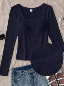 SHEIN 少女百搭休闲纯白针织圆领宽松长袖蕾丝蝴蝶结T恤上衣，返校季可爱长袖上衣，紧身款上衣，方领上衣，黑色长袖上衣 - 藏蓝色 - 查看 2