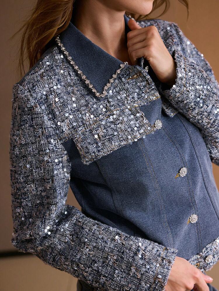 WOMEN'S SEQUIN PATCHWORK LONG SLEEVE DENIM JACKET, AUTUMN/WINTER