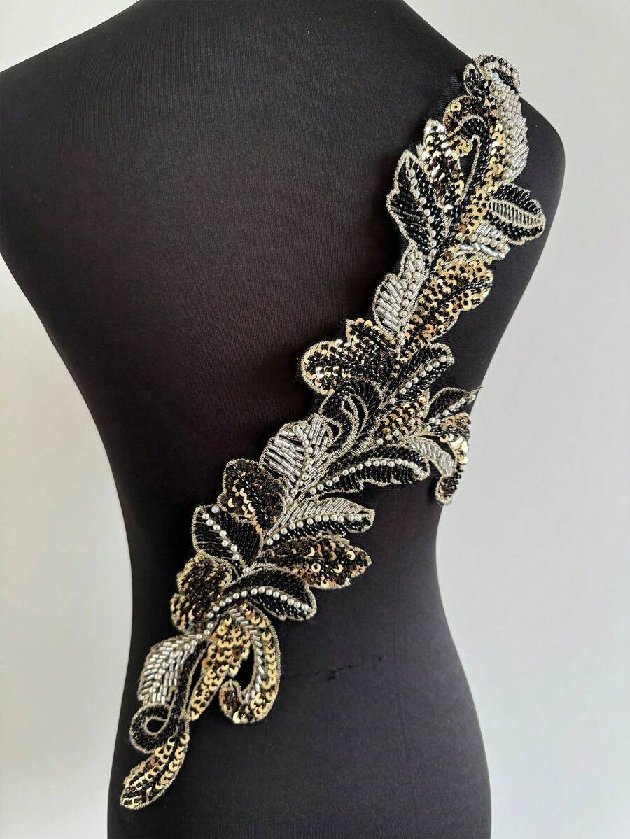 1件手工仿珍珠婚纱缝制珠饰蕾丝贴片闪亮黄色缝制亮片水晶珠饰紧身配饰DIY装饰礼服 - 黑色 - 查看 1