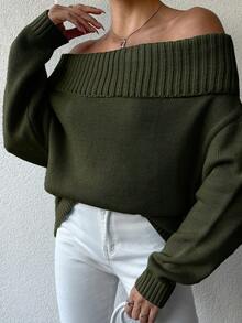 EURMUSE Women's Casual Solid Color Off-Shoulder Loose Sweater, Autumn/Winter - Army Green - View 4