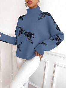 SHEIN LUNE Women's Casual Oversized Leopard Animal Print High Neck Loose Sweater, Autumn/Winter - Dark Blue - View 6
