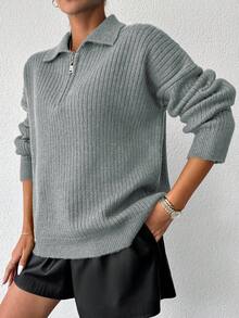 EURMUSE 1pc Women's Solid Color Zip-Up Long Sleeve Collared Minimalist Casual Sweater - Grey - View 5