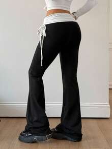 Coolane Quần ống loe Y2K cổ điển màu đen có dây rút bên hông dành cho nữ, phong cách đường phố đa năng - Đen và trắng - Xem 2