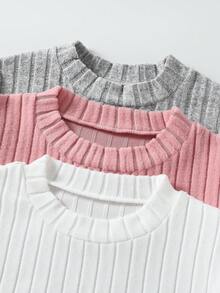 Sparklyn 3 件套青少年女孩休闲纯色圆领长袖拉绒罗纹针织 T 恤，秋季