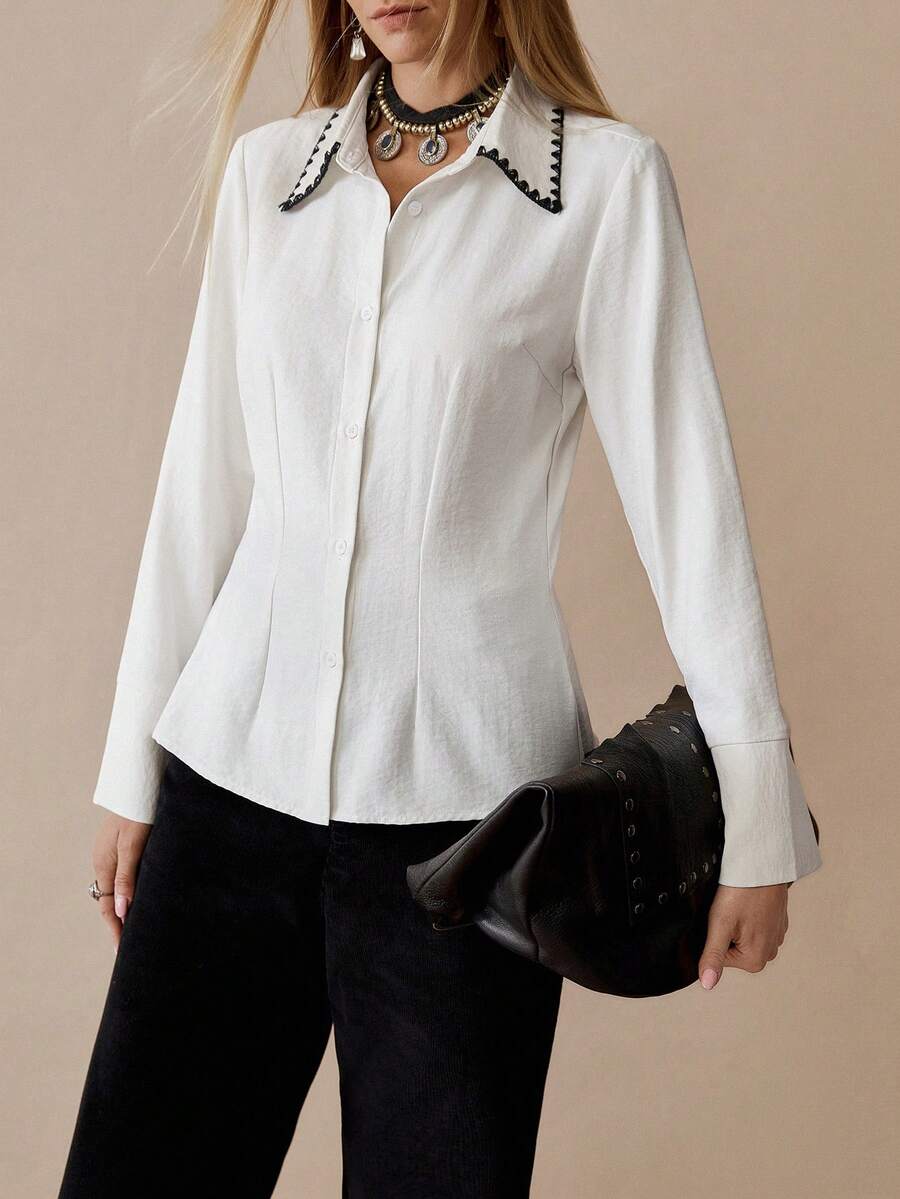 Chiquease Camisa ajustada con botones y bordados para mujer, adecuada para la oficina, fiestas y uso casual - Blanco - Ver 1