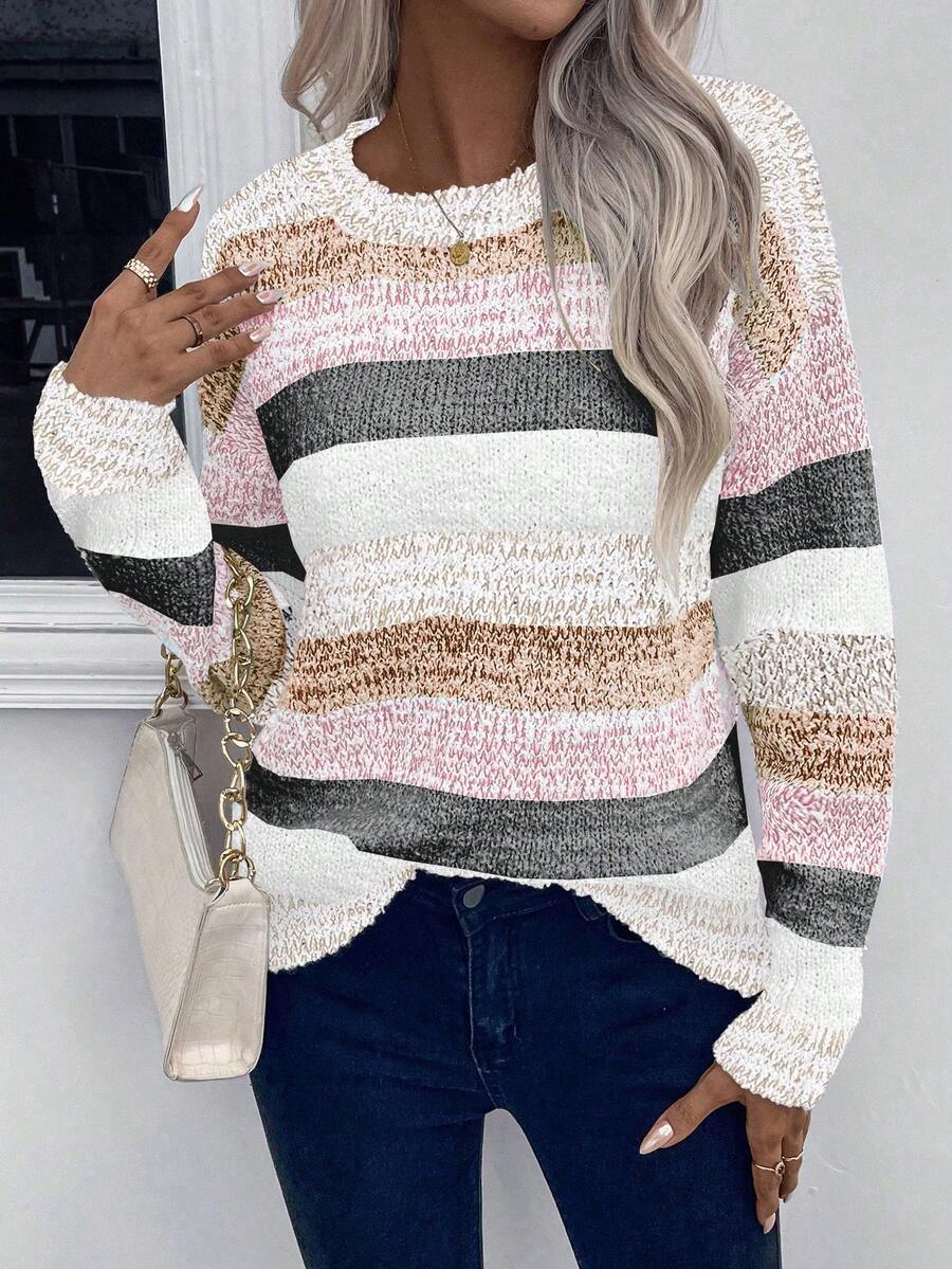 EMERY ROSE Women's Casual Everyday Contrast Color Round Neck Raglan Sweater, Autumn/Winter Fall Cloth For Women Fall Sweater Knit Sweater Pullover For Women Women Sweater Striped Sweater - Multicolor - View 1