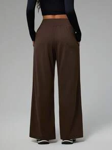 Dewbera Damen einfarbige Hose mit elastischem Bund, gerade Beine, locker geschnitten, hoher Bund, Sporthose, braune Hose, Hose mit hoher Taille, weite Beine, Hose mit Schlitz am Saum, Damenhose mit weiten Beinen