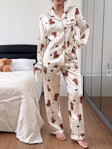 Asian Style Dream Adore Women's Apricot Base Teddy Bear Bow Heart Print Faux Silk Lapel Top & Pants Pajama Set Women Pajamas Fall Winter Clothes