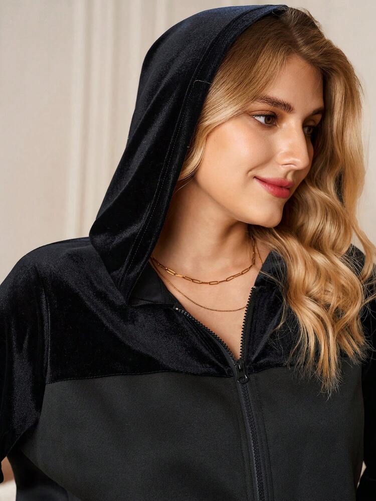 Plus Size Casual Hooded Jacket And Pants Black 2 Pieces Set, Autumn/Winter Cozy Fall And Winter Clothes For Women New Year Look Maija Fall Winter 2025 Fall/Winter Party Elegant Dress Women New Year Clothes  Stylish Clothing Collection Elegant Party Clothes For New Year Christmas Clothes For Women  Winter Clothes For Women