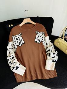 SHEIN Privé Plus Size Elegant Commuter Workplace Sophisticated High-End Afternoon Tea Slightly Sexy Date Round Neck Long Sleeve Tiger Print Leopard Print Color Block Green Casual Home Office Fitted Women Thermal Christmas Sweater Animal Print Sweater Brown Leopard Sweater Brown Sweater Leopard Top Leopard Print Sweater Cheetah Top Animal Print Clothes Cow Print Clothes Women Leopard Tops Leopard Sweater Women Cheetah Print Top/Winter