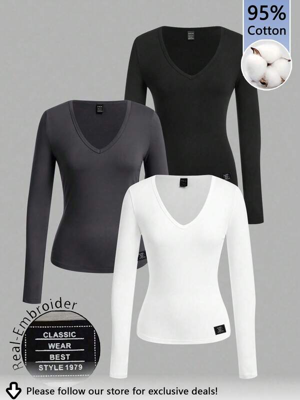 Tseoso Conjunto de 3 peças de camiseta e pulôver feminino com decote em V profundo, justo, casual, longo, básico, manga comprida, 95% algodão, adequado para outono/inverno, versátil para uso diário, interno e externo, vintage, macio para meninas, itens para passeios, casa, volta às aulas, roupas femininas de outono, versátil, dinheiro antigo, dinheiro novo, presente