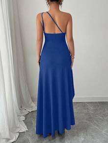 Selianne 全新夏季性感黑色不对称肩部褶饰露背镂空高开衩连衣裙，适合度假、约会、派对 - 寶藍色 - 查看 2