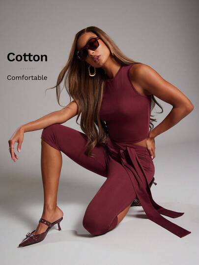 NYA SZN Women Set Matching Set (Top & Pant) Top Crop Pant Mid Rise Capri Bow Detail Fitted Bodycon Night Out Date Event Cute Y2K Fall Winter Suitable For Commuting Statement Valentines Day Carnival Outfits For Women