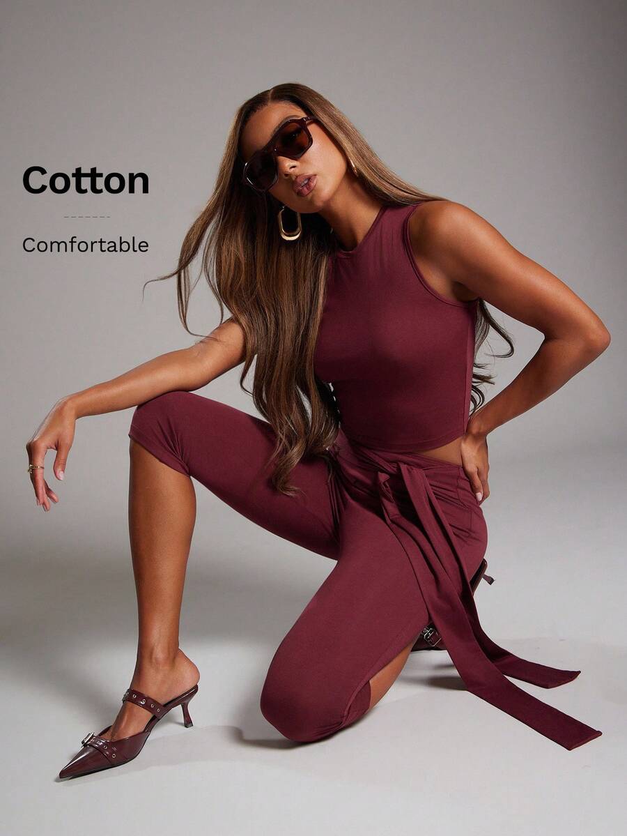 NYA SZN Women Set Matching Set (Top & Pant) Top Crop Pant Mid Rise Capri Bow Detail Fitted Bodycon Night Out Date Event Cute Y2K Fall Winter Suitable For Commuting Statement Valentines Day Carnival Outfits For Women - Green - View 1