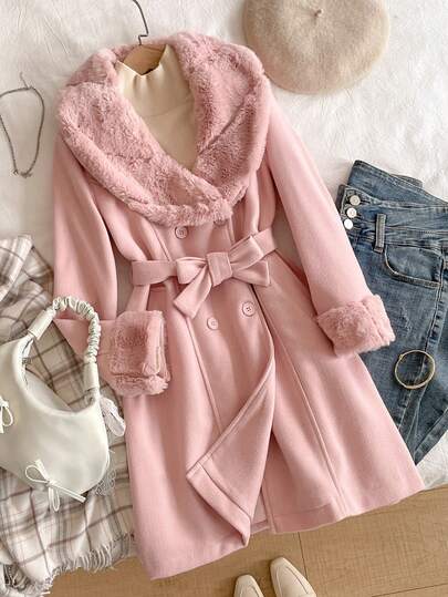 优雅精致的少女大衣，拼接蓬松腰带修身长款通勤户外时尚奢华提花蓬松高端时尚大衣