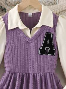 Khaki Textured Fabric Long Sleeve Dress - Purple - View 6