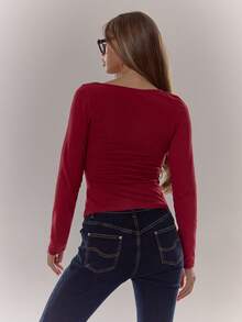 MUSERA Bluză cu decolteu rotund, imprimeu grafic, nasturi în față, mânecă lungă, drăguță, casual, confortabilă, elegantă, pentru sărbători, primăvară-vară - Burgundia - Vizualizare 2