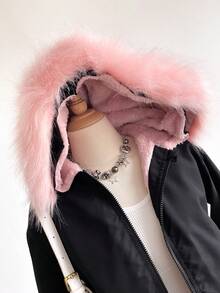 Sweetra Young Áo khoác ngắn oversize có mũ trùm đầu bằng lông cừu màu hồng cho bé gái tuổi teen, cổ lông, thích hợp cho việc đi lại hàng ngày - màu đen - Xem 3