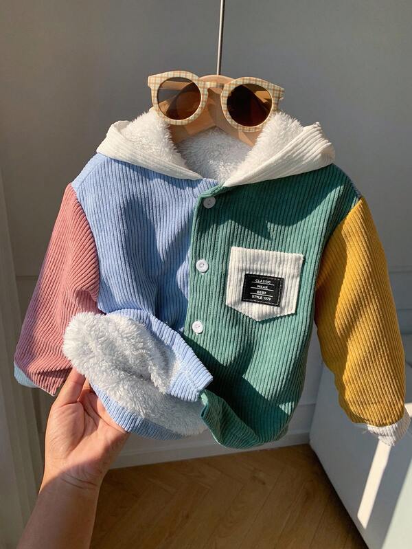 SHEIN 彩色莫兰迪色块连帽宽松插肩衬衫外套，柔软舒适的灯芯绒面料，适合男宝宝和女宝宝，休闲、日常、上学、旅行