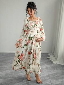 Momance Maternity Floral Print Ruched Chest Flounce Sleeve High Slit Hem Dress, Vacation Style, Spring/Autumn - Multicolor - View 5