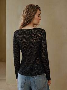 MOTF STUDIO LACE SHEER KNIT LONG SLEEVE T-SHIRT - Black - View 3