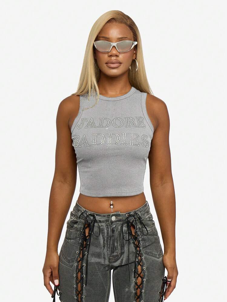 SUMWON WOMEN Rhinestone Text Print Ribbed Tank Top