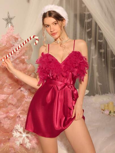 DelicateAllure Sexy Spaghetti Strap Feather Accent Solid Color A-Line Mini Christmas Nightgown For Women Red Lingerie Dress Red Dress Red Babydoll Dress Red Feather Dress Lingerie Babydoll Dress