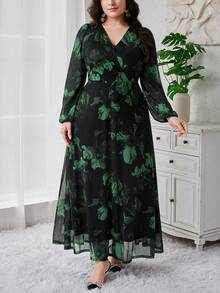 Modelyn Đầm dạ hội dài tay bồng bềnh họa tiết hoa cổ chữ V thanh lịch cho nữ cỡ lớn - màu xanh lá - Xem 4