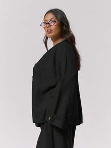 MUSERA Plus Size Boxy Fit Cuff Detail Button Down Fluffy Knit Cardigan Cute Sexy Streetwear Night Out Curve Spring Sweater - Black - View 3