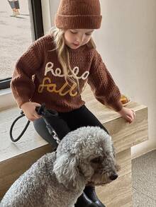SHEIN Sweater Anak Perempuan dengan Bordir Bunga Buatan Tangan yang Lucu, Lembut, Hangat, Kasual, dan Serbaguna, Cocok untuk Pemakaian Sehari-hari - Coklat - View 3