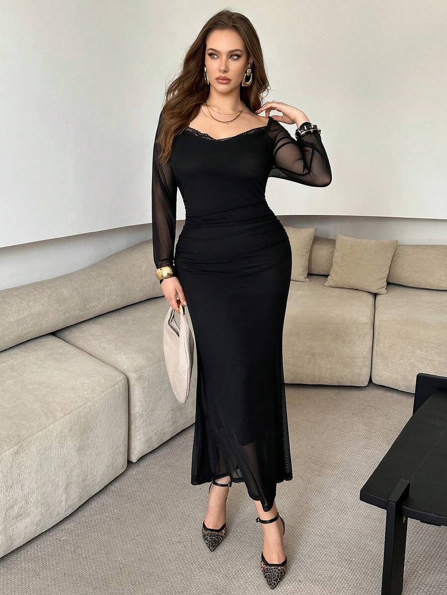 Modelyn Vestido de manga larga transparente de unicolor y minimalista para tallas grandes - Negro - Ver 1