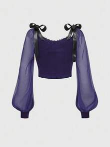 ROMWE Goth Blusa de manga abullonada con cuello cuadrado de encaje, parches y malla negra con bordado de cruz y castillo gótico vintage para mujeres - Morado - Ver 3