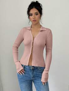 Selianne 女式秋冬翻领喇叭袖修身罗纹针织开衫 - 粉色 - 查看 4
