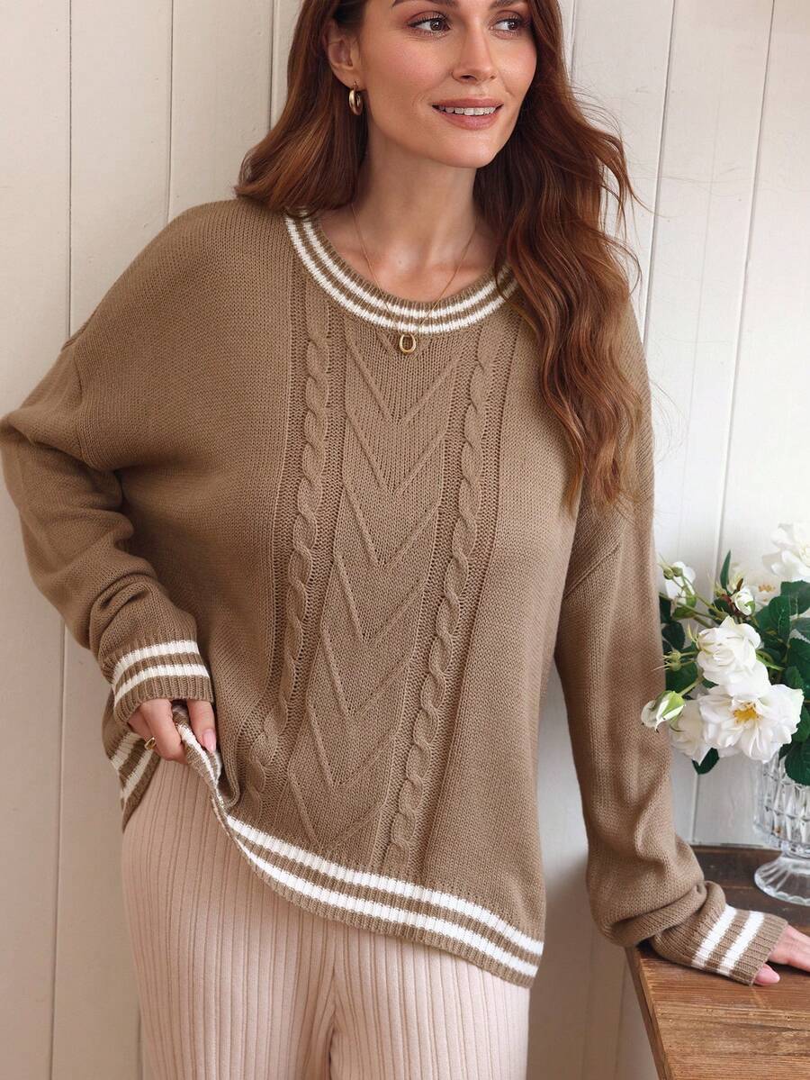 SHEIN Clasi 女式复古学院风圆领套头针织毛衣,秋冬 - 駝色 - 查看 1