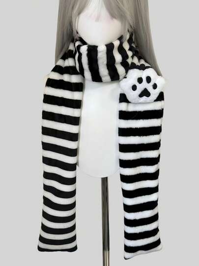 Anime 1pc Black & White Kawaii Y2K Babe Striped Pattern With Animal Claw Print Scarf Accessory, Versatile Fashion Scarf For Women, Suitable For Halloween, Christmas, Dates, School, Travel